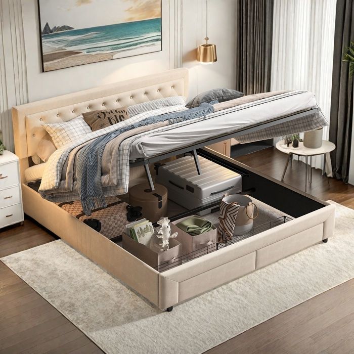 Cama con almacenamiento de 160 x 200 cm, cama de 160 x 200 con somier de láminas, cama doble, con 2 cajones, estructura de cama, con cabecero, color beige, terciopelo.