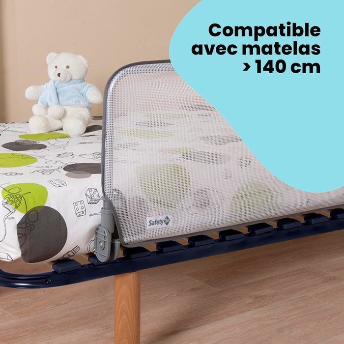 SAFETY 1ST Barrière de lit 90cm, 18 mois-5 ans, inclinable, Tissu lavable en maille, Auto-verrouillage, Gris/blanc