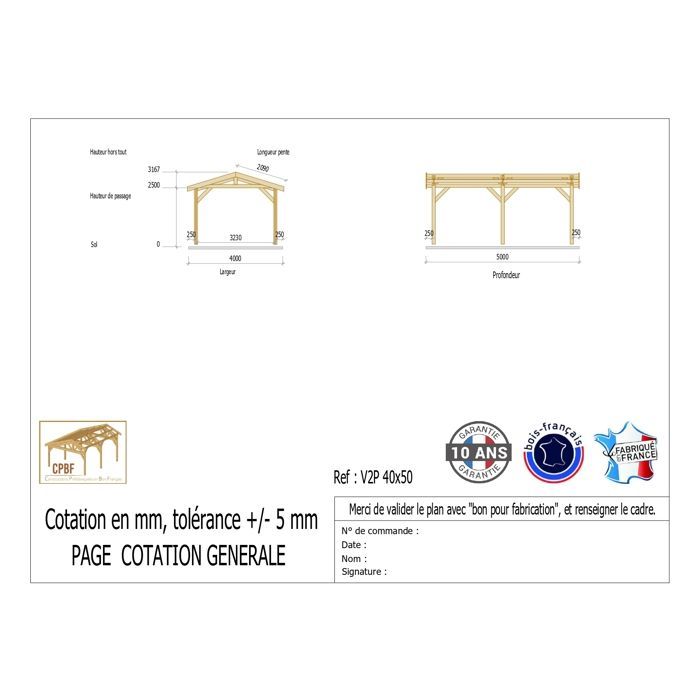 Carport aus französischer Douglasie, 20 m² – 2 Dachflächen – 6 Pfosten – Unterstand für Ihr Auto im Freien – 10 Jahre Garantie