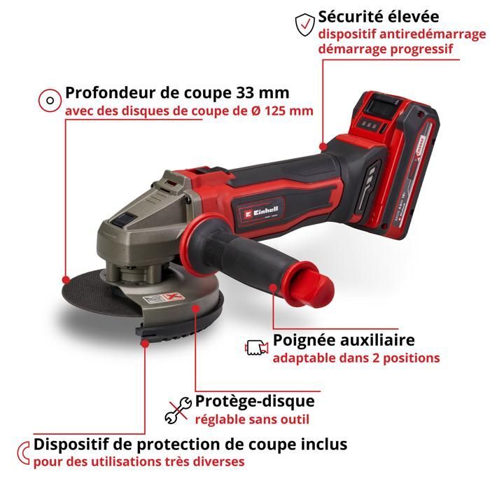 Meuleuse d’angle sans fil - EINHELL - TE-AG 18/125-2 Li Kit PXC - 18 V - Ø125 mm - Batterie 4,0 Ah