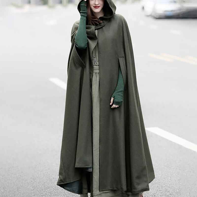Poncho grande taille pour femme, cape d'hiver décontractée à capuche sans manches avec fermeture à boutons, longue, gris et bleu, idéal pour les déguisements et le cosplay.