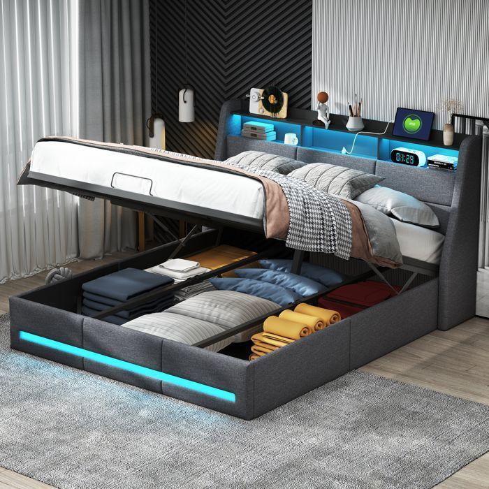 Lit coffre 140x190 - SUNFECILI - Gris foncé - Avec sommier - LED et USB - 2 places