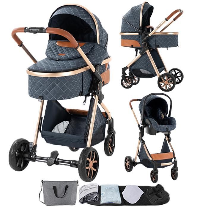 Poussette 3 en 1 Magic ZC Poussettes combinées Poussette trio Jusqu'à 15KG 0-3ans Avec sac à main Avec habillage pluie Bleu