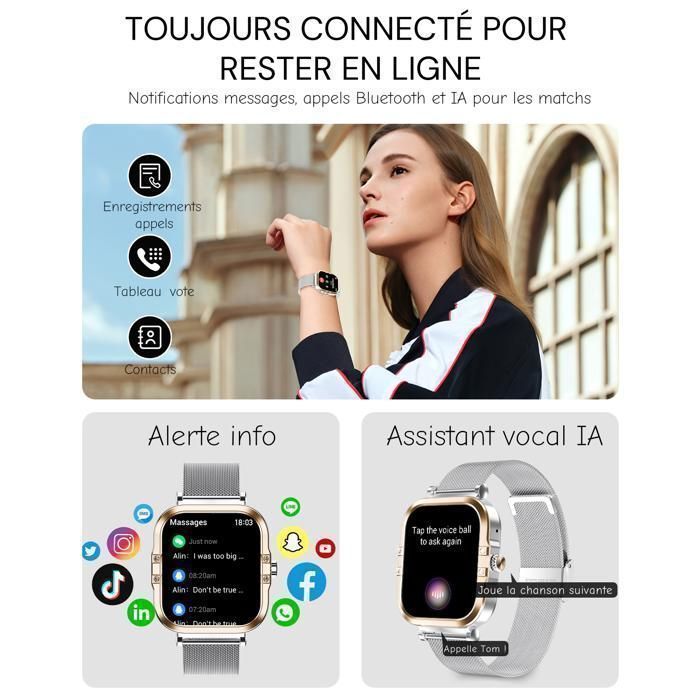 Fitness smartwatch voor dames - IP67 waterdicht - 4,4 cm - Belfunctie - Dubbele band - Menstruatie- en slaaptracker - Android/iOS - Zilver