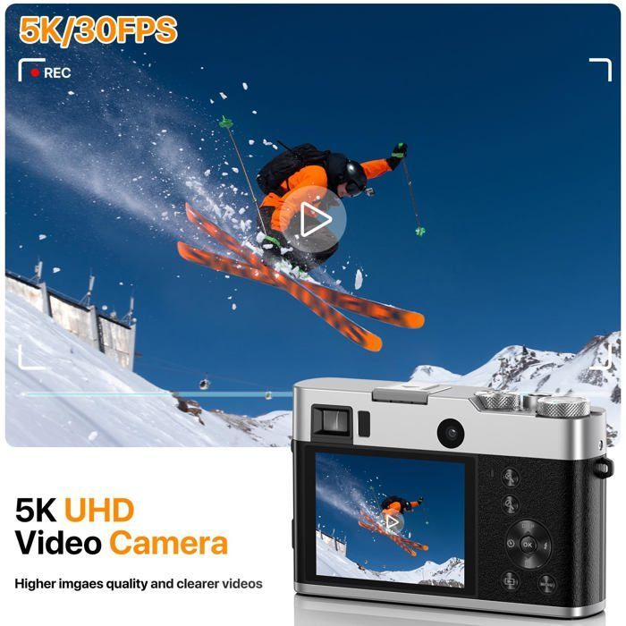 Cámara digital INF 5K con dos objetivos, visor, enfoque automático y estabilizador de imagen (marrón)