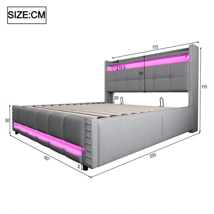Cama con almacenamiento de 160 x 200 cm, cama de 160 x 200 cm con somier de láminas, cama doble tapizada, cama para 2 personas con somier de láminas de madera, ropa de cama gris claro