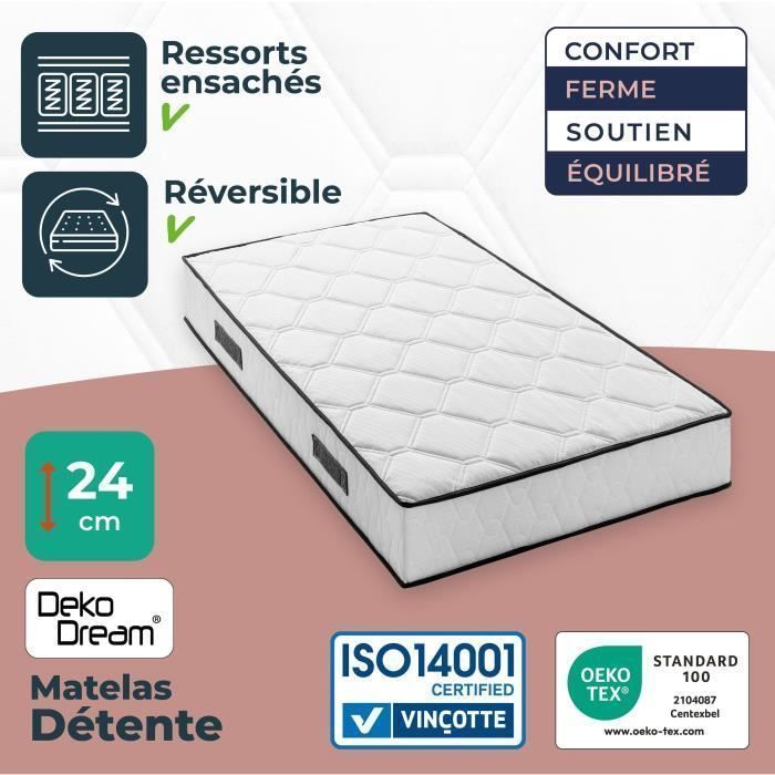 Matratze und Lattenrost 90 x 200 cm, 24 cm hoch – Taschenfederkern – 7 Zonen – wendbar – hergestellt in Belgien – DEKO DREAM