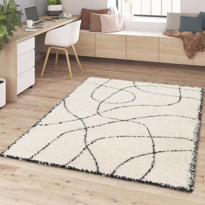 Shaggy rug 80x150 rectangular woven beige and black Berber pattern CROMA 10