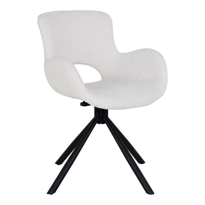 HERMOS - Juego de 2 sillas de comedor en tela bouclé blanca con base giratoria de metal negro.