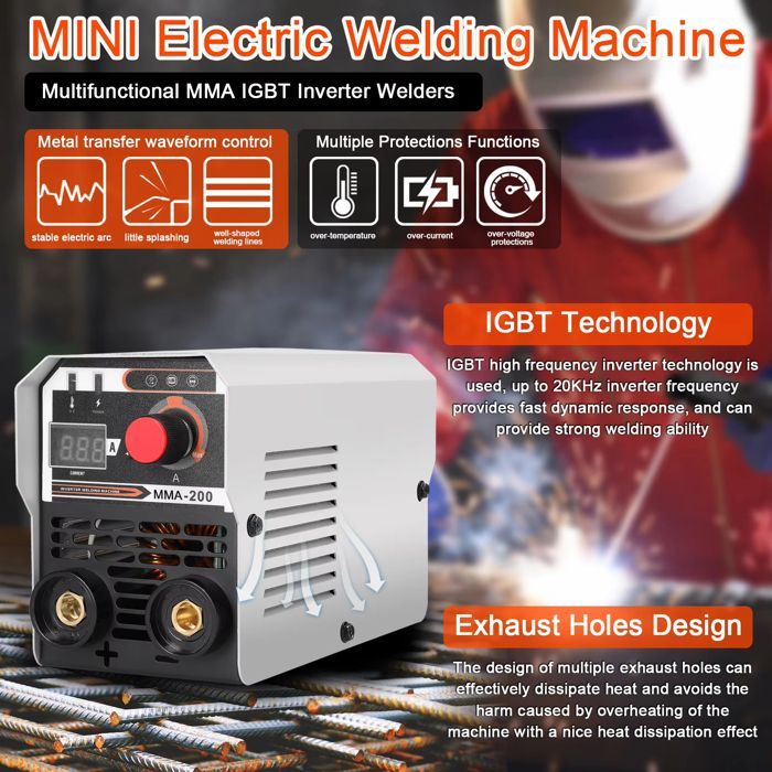 Saldatrice inverter IGBT da 200 A - Saldatura MMA, MIG/MAG, TIG senza gas - Alimentazione 220 V - Design compatto e portatile