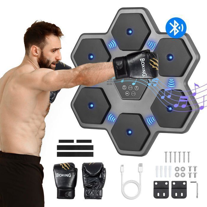 Todeco Machine de Boxe Musicale Adulte et Enfant avec Gants, 9 Modes, Comptage Automatiqu,Hexagonal