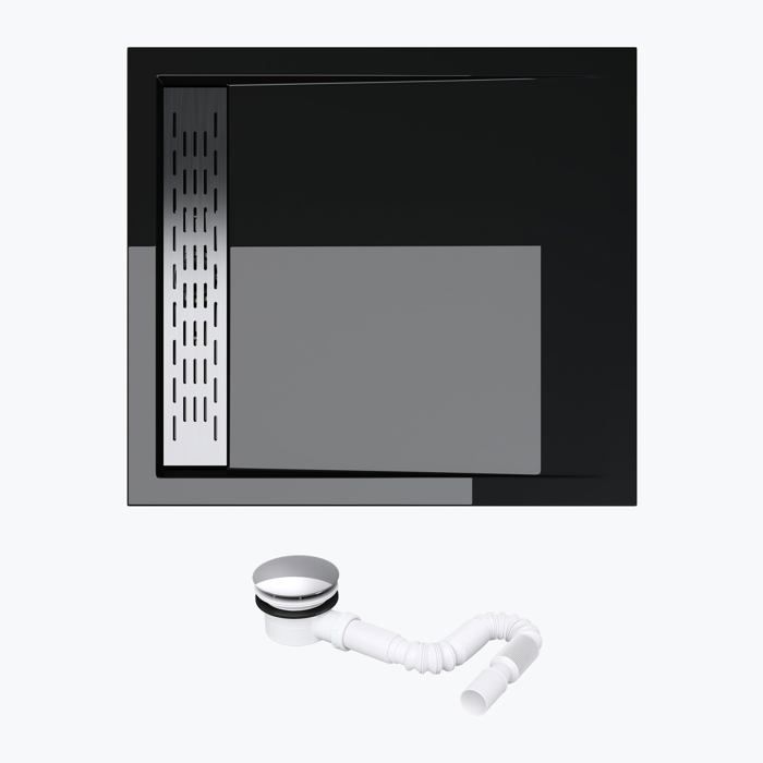 Receveur de Douche Plat Mai & Mai XE4 en Acrylique Noir Rectangulaire avec Barreaudage en Inox et Bonde A1