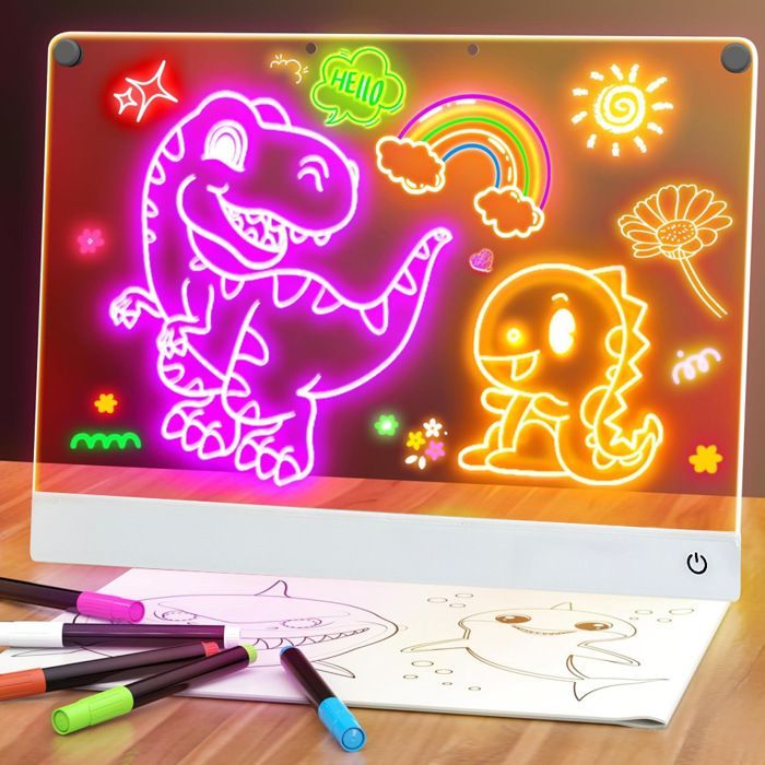 Tableau à dessin lumineux Message Effaçable LED, 35CM*25CM Tablette Lumineuse Dessin Avec Stylo 7 Couleurs et Support
