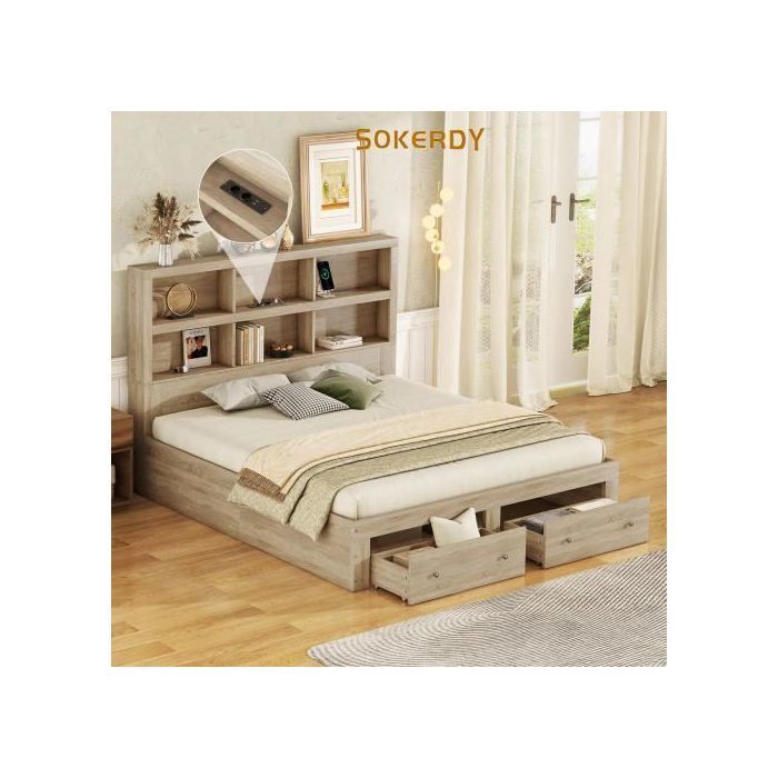 Cama doble O.Ye de 160 x 200 cm, cama plataforma tamaño king con dos cajones a los pies de la cama, cabecero con almacenamiento, ESTRUCTURA DE CAMA