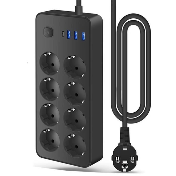Fantec 8-Outlet Power Strip - 2000W 10A - 4 USB-A + 1 USB-C - Surge Protector
