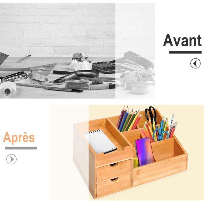 Organizador de escritorio - HOMCOM - Caja de almacenamiento de 7 compartimentos con 2 cajones - Bambú - Natural