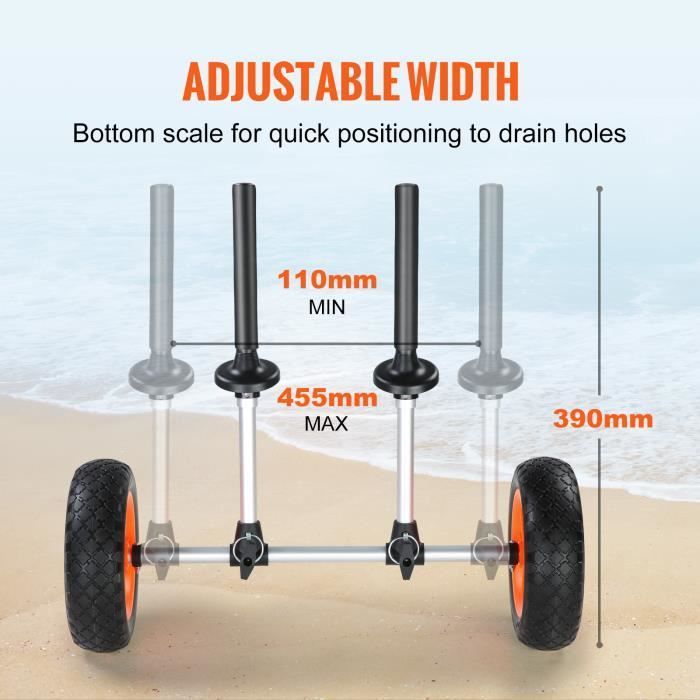 Carro para kayak - VEVOR - Carro de transporte para canoas de 127 kg - Ancho ajustable - Ruedas macizas de 25,4 cm para kayaks 252x670x605 mm