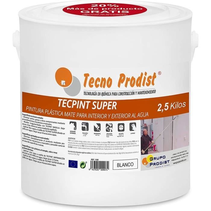 Peinture à l'Eau pour Extérieur et Intérieur - TECPINT SUPER de Tecno Prodist - Grande blancheur - Lavable 2,5 Kg - Blanc
