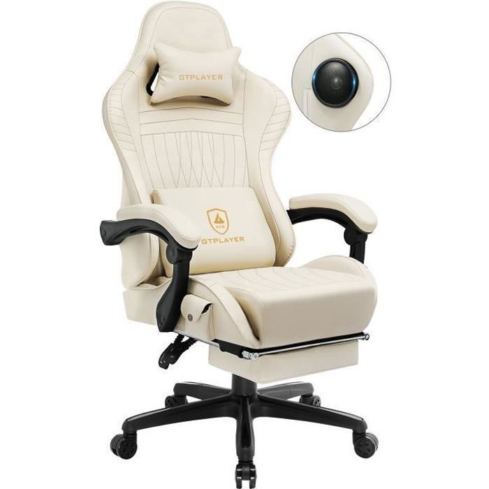 Silla gaming, silla de oficina con reposapiés, altavoz Bluetooth y reposabrazos sincronizados (blanca)