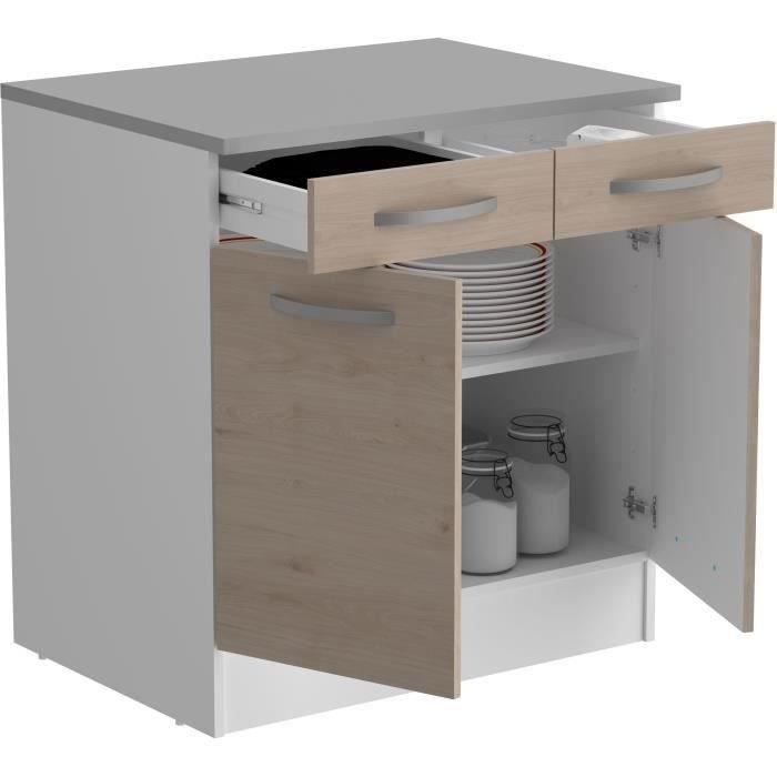 OSLO Meuble Bas 2 portes 2 tiroirs + plan - Décor Chêne Jackson - L 80 x P 60 x H 86 cm