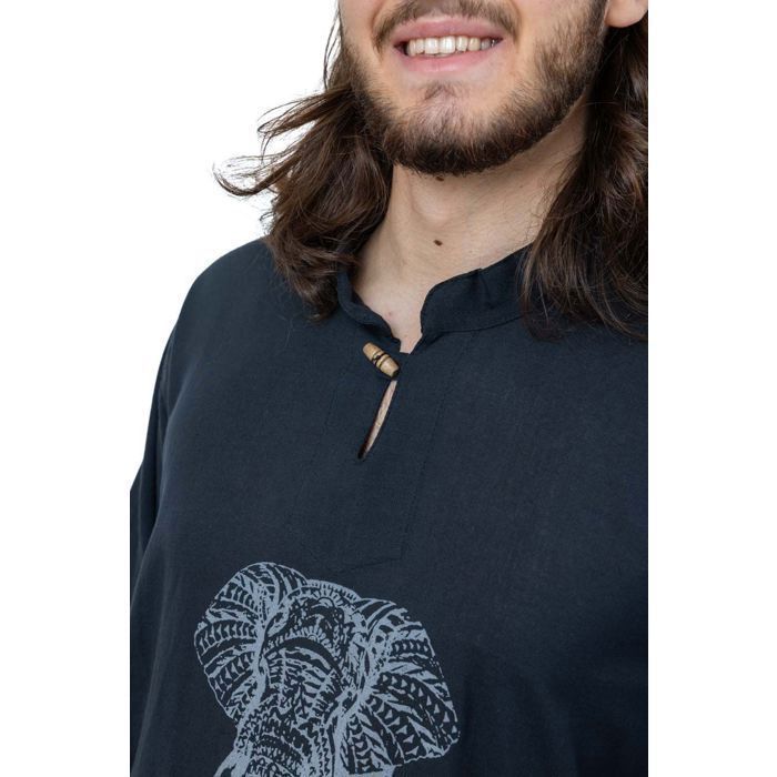 Fantazia - Camisa de hombre - Camisa negra con cuello mao y estampado de elefante Hatti