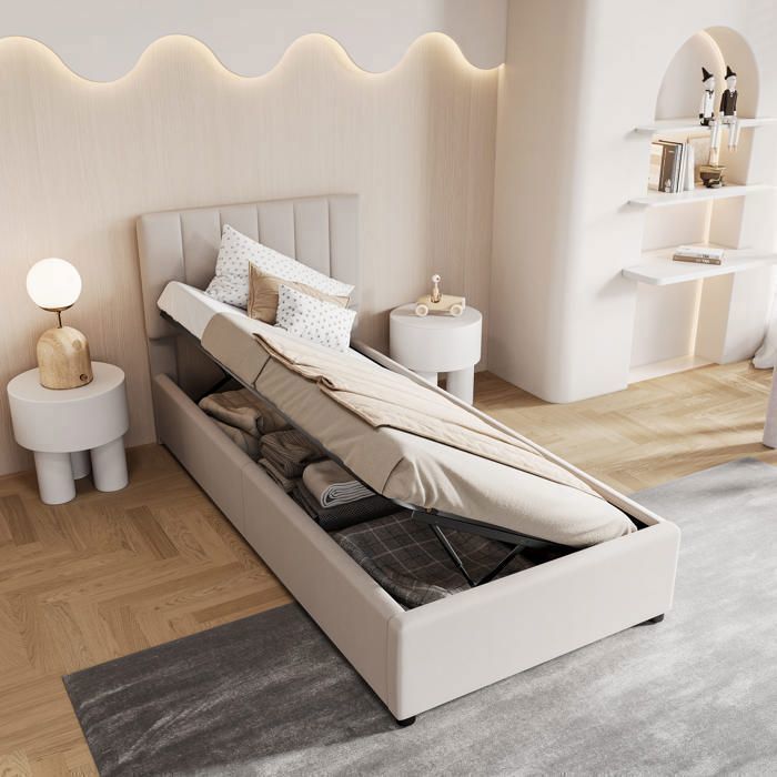 Opbergbed 90x200cm, eenpersoonsbed, bed van 90 x 200 cm met lattenbodem en opbergruimte, kinderbed, bedframe, beige, linnen