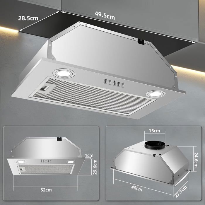 Hotte Aspirante Encastrable 52cm, 300m³/h, 3 Vitesses, Évacuation & Recyclage,hotte aspirante en inox [Classe énergétique A]