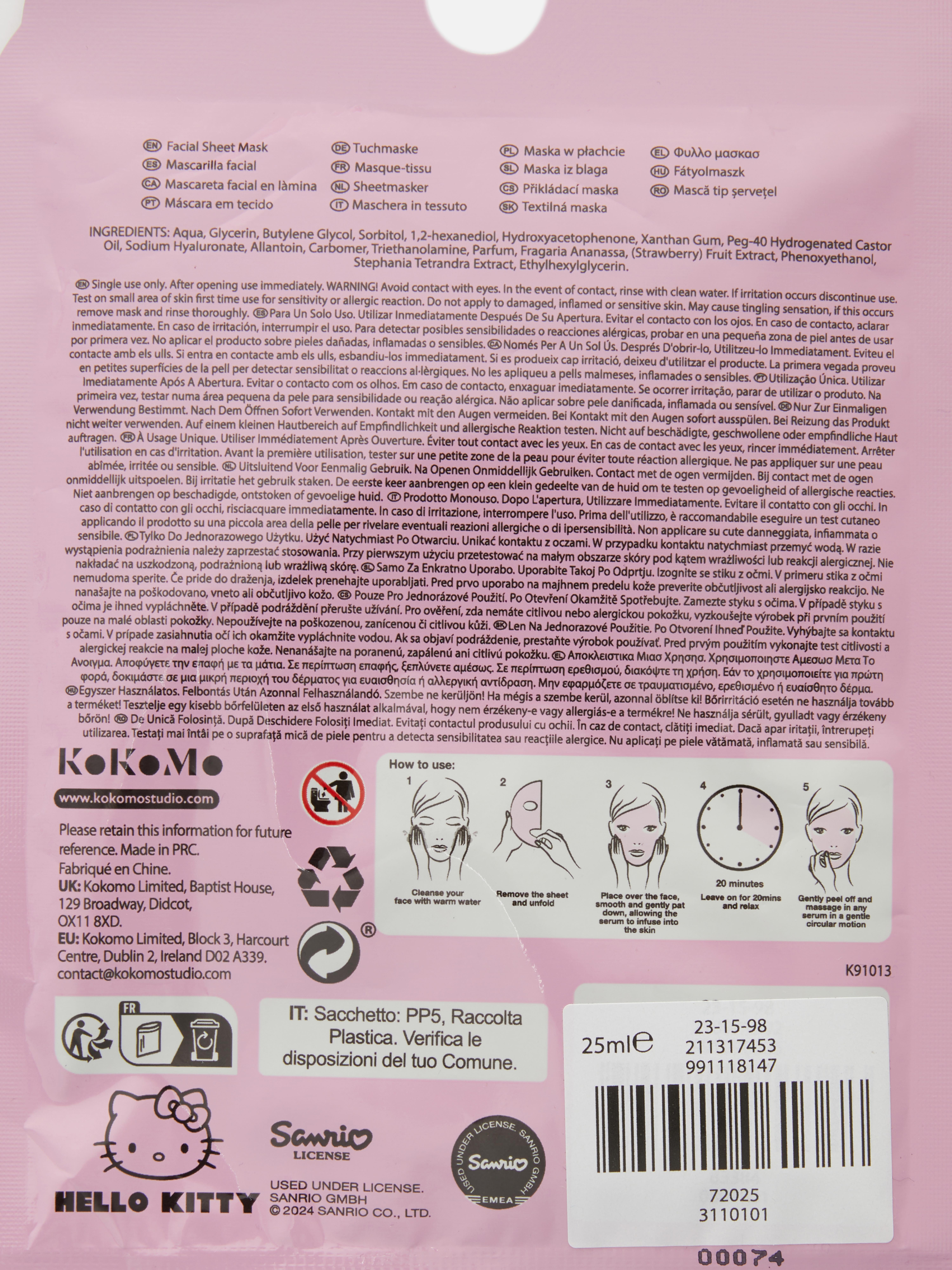 Mască textilă Hello Kitty O mască textilă parfumată cu un design drăguț Hello Kitty