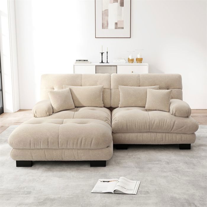 Divano angolare a due posti in ciniglia DRIPEX con 2 comodi cuscini, divano imbottito con pouf, marrone chiaro