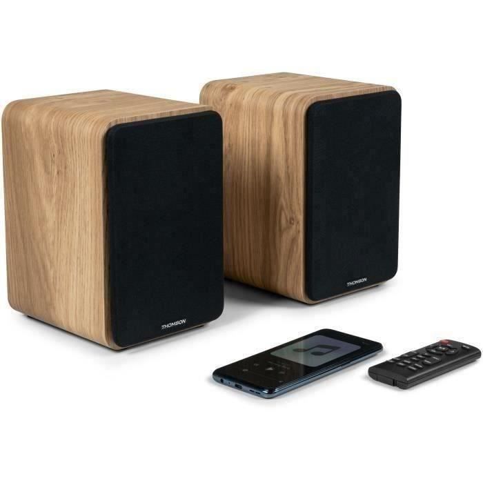 THOMSON WS602DUO - Set di 2 altoparlanti con mobile in legno - 100W - Bluetooth 5.0 - 2 uscite RCA - Legno chiaro