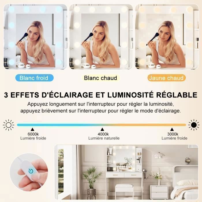 Dressing Table with LED Mirror and Stool - NHHF - 85x40x140 CM - 3 Lighting Modes - 2 Sockets and 2 USB Ports - 2 Drawers - 4 Shelves