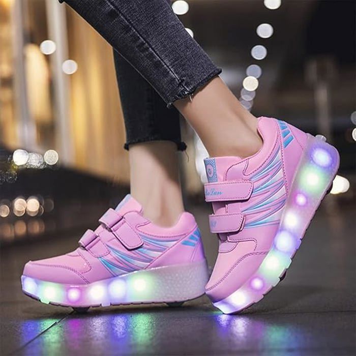 Tênis infantil com rodinhas e luzes de LED recarregáveis via USB, rosa.
