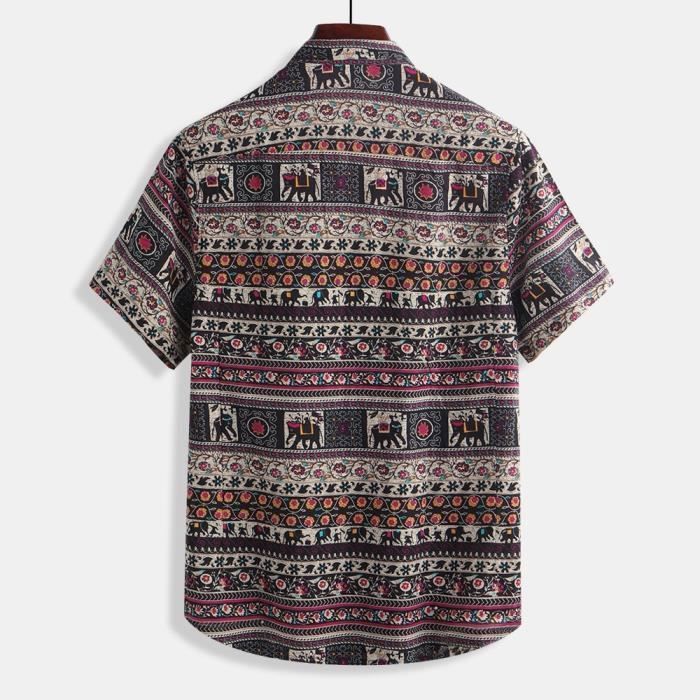 Camisa de hombre de algodón y lino estampada - INSFITY - Manga corta - Rojo rosa