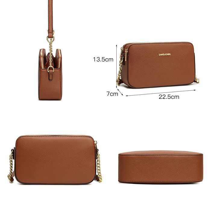 David Jones - Borsa a tracolla piccola da donna - Borsa a spalla con tracolla a catena, in pelle sintetica, 3 scomparti - Borsa multi-tasca - Marrone
