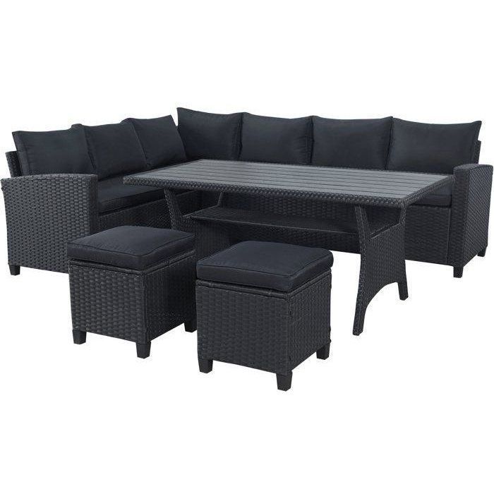 Conjunto de muebles de jardín - KAPAS - Estructura de acero y resina tejida - Negro - 7 personas