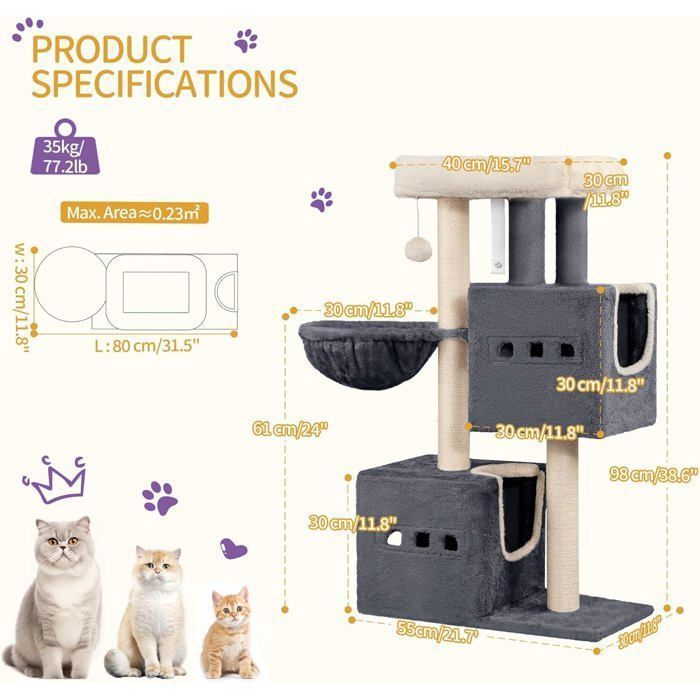 Arbre à Chat,Tour de Jeux 98 cm, Meubles de Maison pour Chats avec 2 Niches, Grande Plate-Forme, Sisal Griffoir, Hamac, Gris Foncé