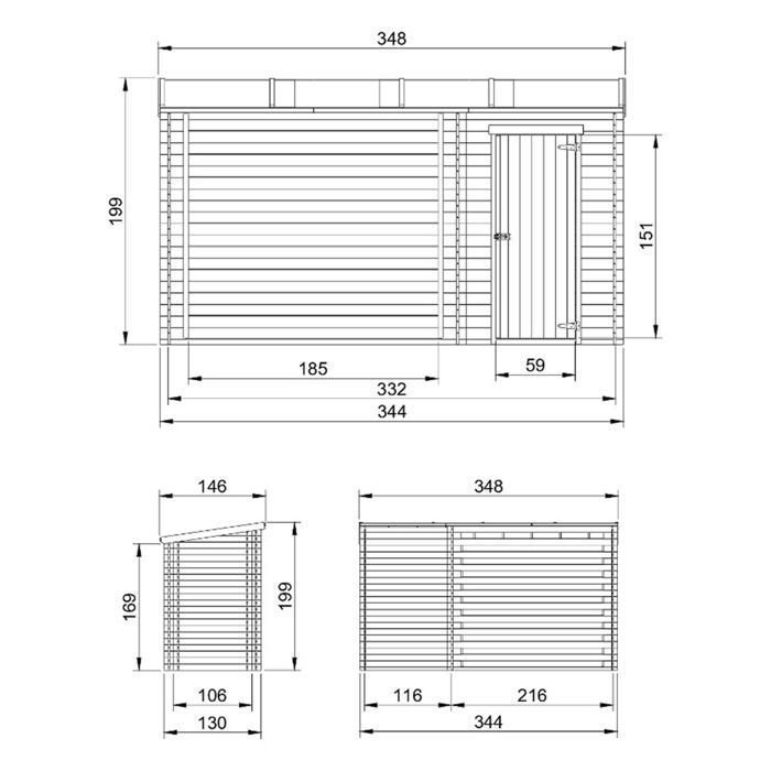 TIMBELA wooden garden shed - 348x146 cm - Pine/spruce - 19 mm thick - M205