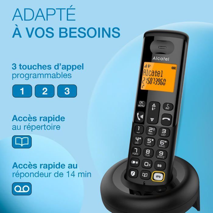 Alcatel E260 S.Voice Trio – DECT-Schnurlostelefon mit 3 Mobilteilen, 14-Minuten-Anrufbeantworter, hintergrundbeleuchtetem Display, schwarz