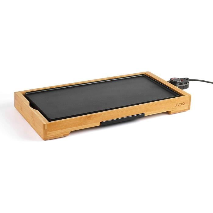 Plancha eléctrica de 2200 W fabricada en aluminio y bambú. Amplia superficie de cocción antiadherente.