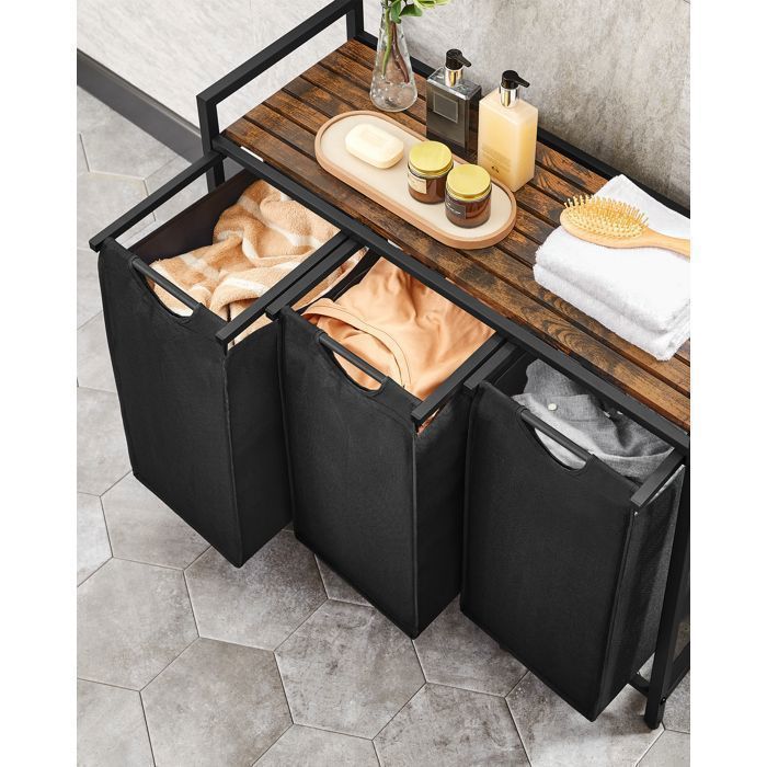 VASAGLE Panier à Linge 3 Compartiments, 3 Sacs Amovibles en Tissu Oxford, 3 x 40 L, 92,5 x 33 x 72 cm, Noir et Marron