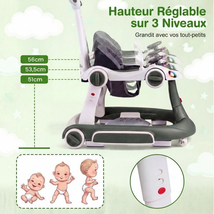 Andador convertible para bebé COSTWAY 7 en 1 - Altura y velocidad ajustables - Luces y música - Asiento extraíble y antivuelco - Verde y blanco