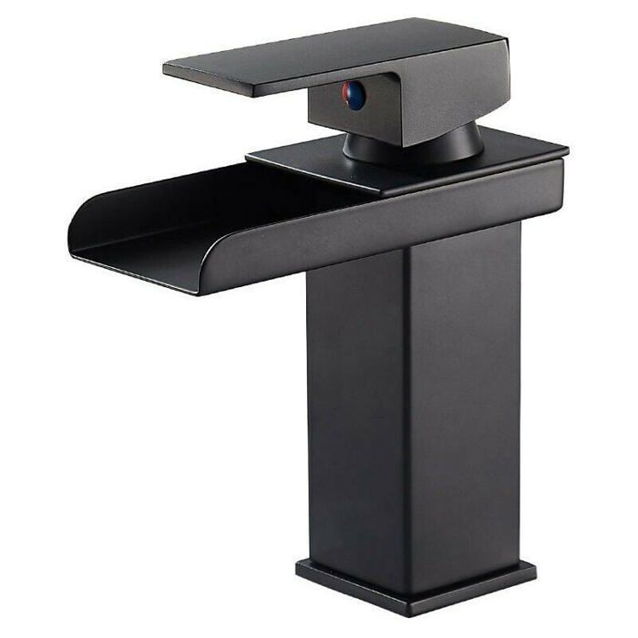 Rubinetto da bagno ODIPIE a cascata nero, miscelatore in ottone per lavabo da appoggio, acqua calda e fredda.