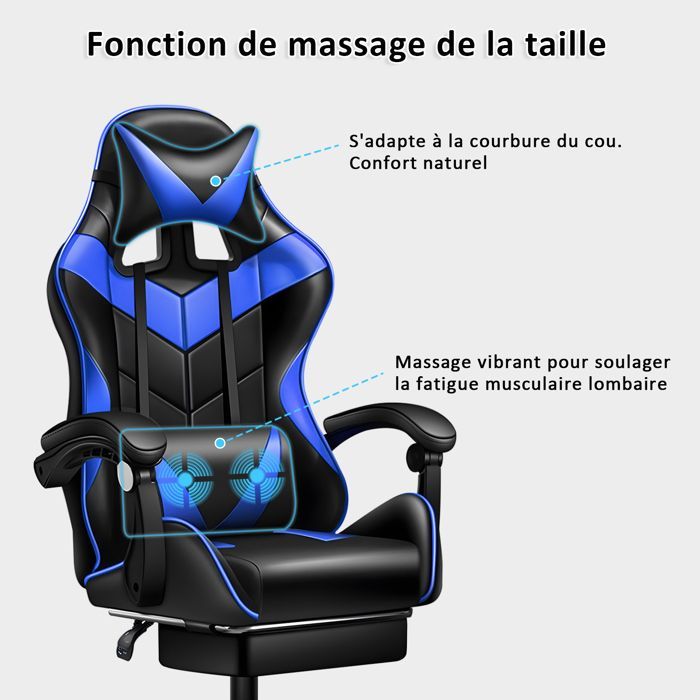Silla gaming ergonómica con cojín lumbar de masaje, reposapiés, respaldo ajustable en altura e inclinación, capacidad de carga de 150 kg.