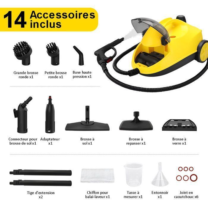 Nettoyeur Vapeur Puissant 2000W - Pression 5 Bars - Réservoir 2L - 14 Accessoires - Autonomie 40min - Jaune