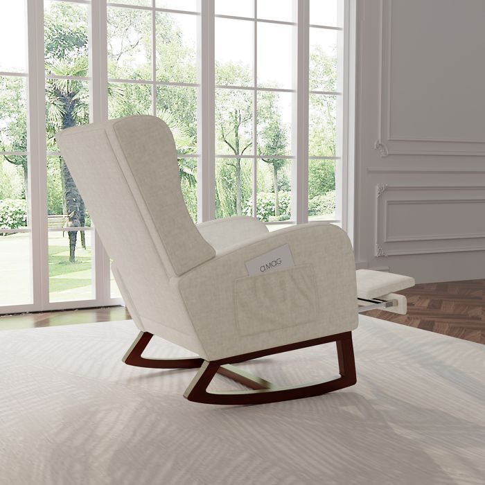 Chaise à Bascule Relax, Fauteuil a Bascule avec Repose Pied Rétractable, en Tissu avec Dossier Haut, Beige, Lin