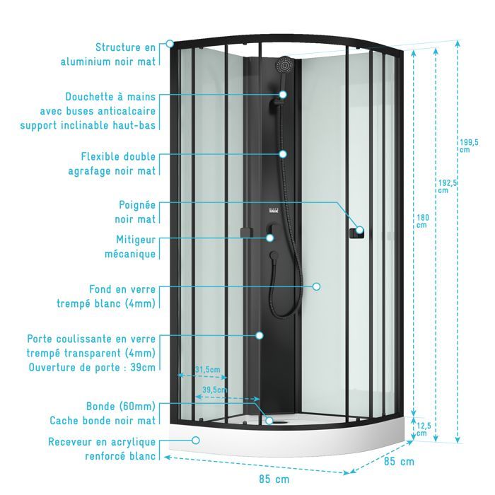 Mampara de ducha semicircular de 85x85x200 cm - Puertas correderas - Panel trasero blanco y perfiles en negro mate