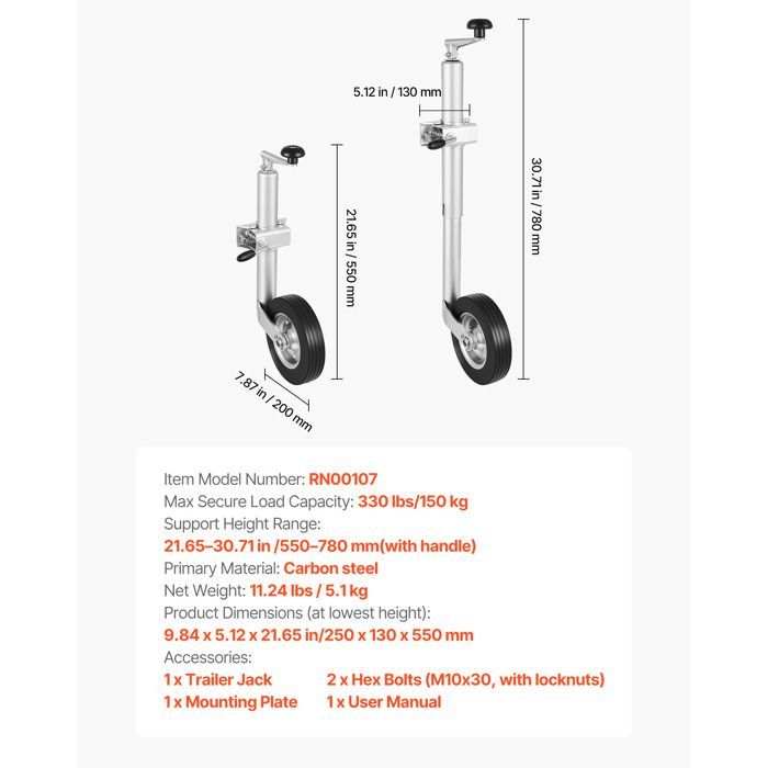 Rueda jockey Duoku para remolque - Capacidad de 150 kg - Gato elevador de 23 cm - Con asa cómoda