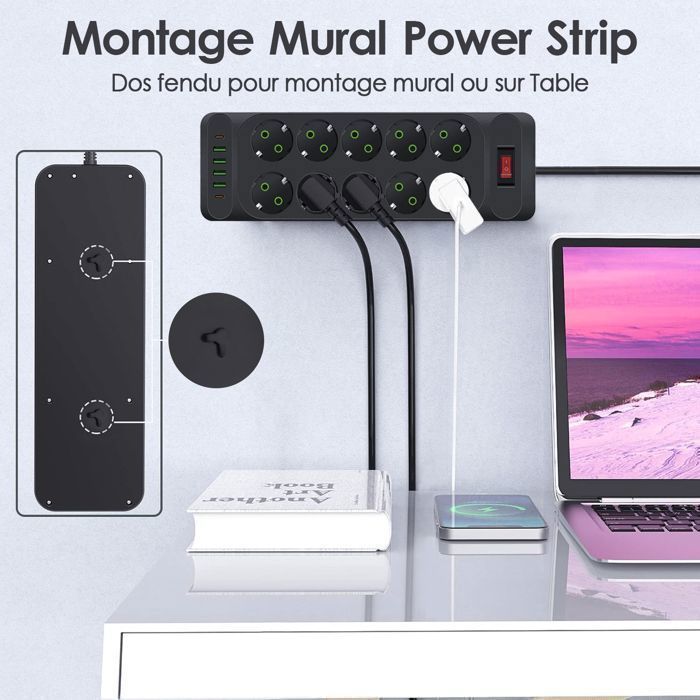 Regleta con interruptor, 10 tomas de corriente, 2500W, con 2 puertos USB-C, 4 puertos USB-A, cable de 2M, para el hogar y la oficina.