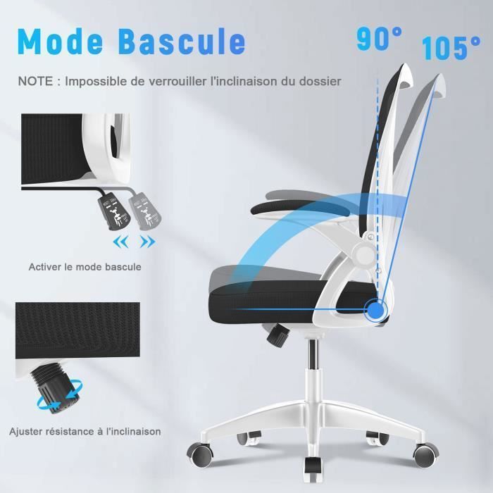 Chaise de Bureau Ergonomique BIGZZIA, Fauteuil de Bureau, Hauteur Ajustable, 50 x 50 x (92-102)cm, Poids Max 150kg, Blanc