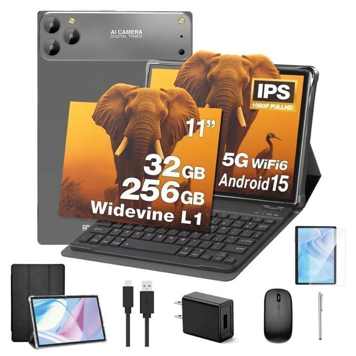 TAKINURU Tablette tactile 11 pouces, tablette Android 15, 32 Go RAM 256 Go ROM,8000 mAh, Type-C,noir